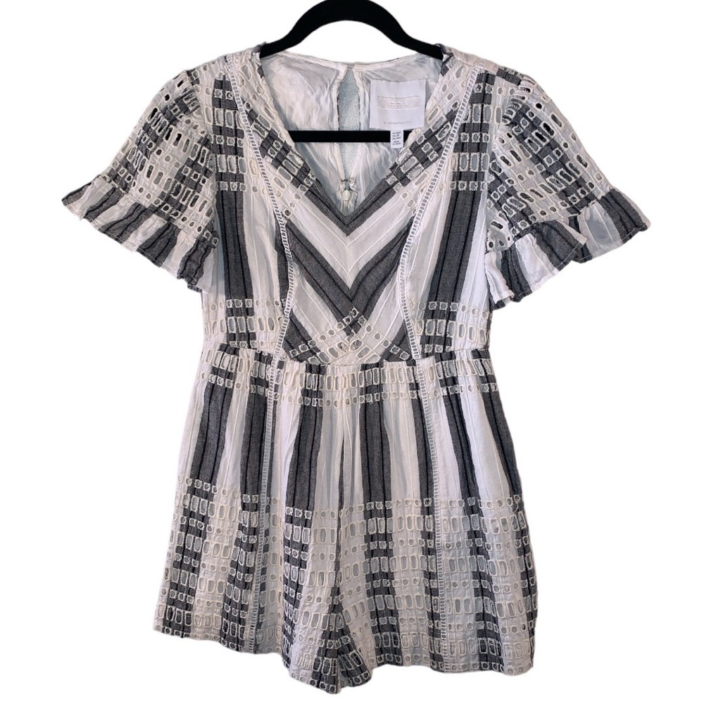 Ettitwa Anthropology sz:OOP Eyelet Romper shorts Bell sleeve Embroidered stripe